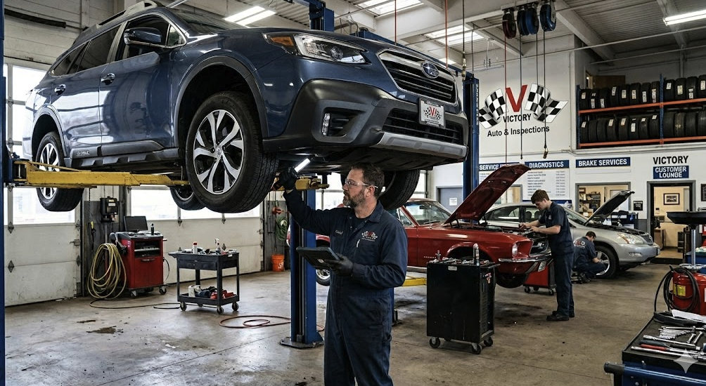 Victory Auto & Inspections — mechanic inspecting a vehicle on a hoist